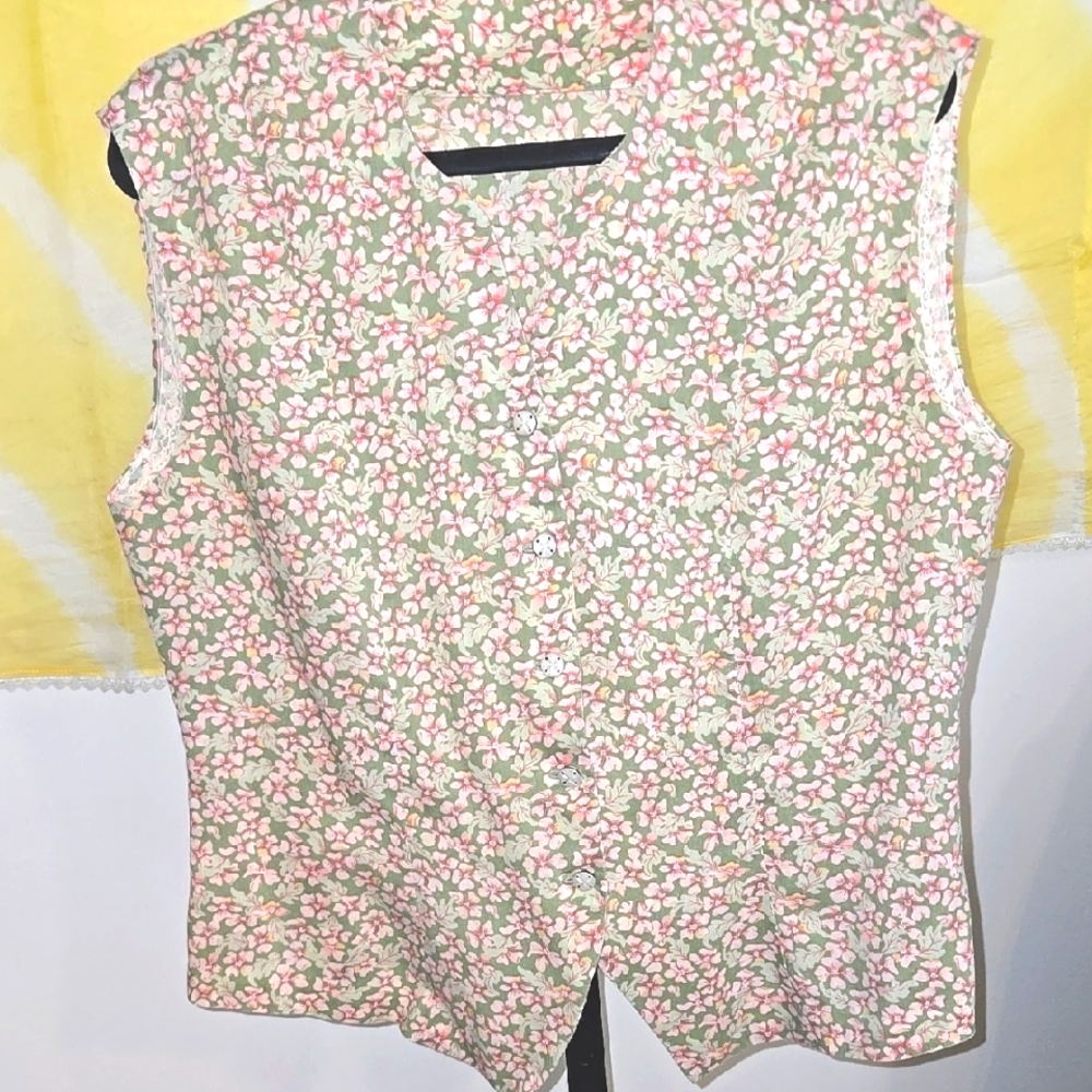 Handmade Vintage Floral Sleeveless Top - Pink and Green And Yellow M/L